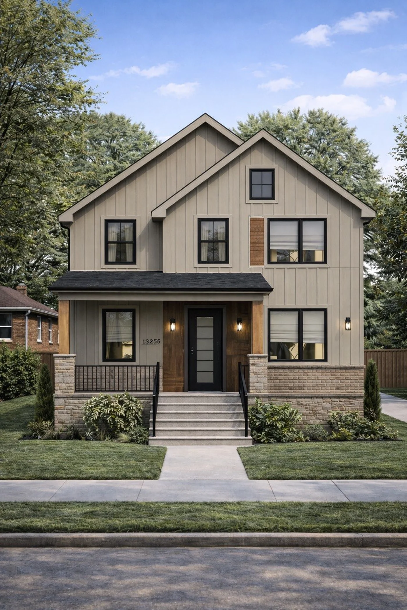 Beige two-story house with dark trim and stone accents, a Renvest Capital fix-and-flip investment property